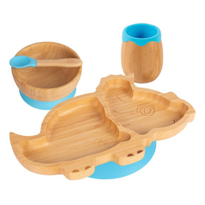 Tiny Dining - Dinosaur Bamboo Suction Baby Feeding Set - Blue - 4pc