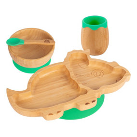 Tiny Dining - Dinosaur Bamboo Suction Baby Feeding Set - Green - 4pc