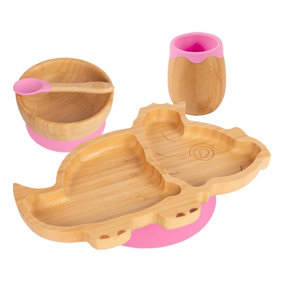 Tiny Dining - Dinosaur Bamboo Suction Baby Feeding Set - Pink - 4pc