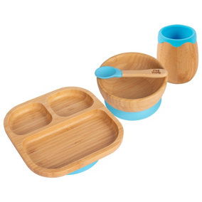 Tiny Dining - Divided Bamboo Suction Baby Feeding Set - Blue - 4pc
