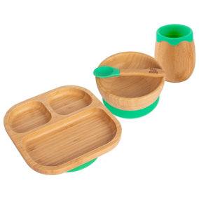 Tiny Dining - Divided Bamboo Suction Baby Feeding Set - Green - 4pc