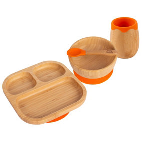 Tiny Dining - Divided Bamboo Suction Baby Feeding Set - Orange - 4pc