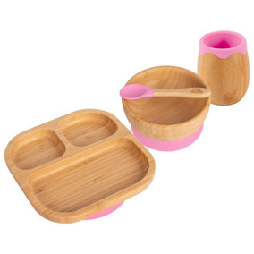 Tiny Dining - Divided Bamboo Suction Baby Feeding Set - Pink - 4pc