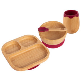 Tiny Dining - Divided Bamboo Suction Baby Feeding Set - Red - 4pc