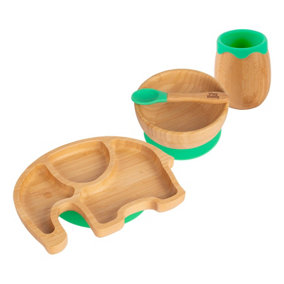 Tiny Dining - Elephant Bamboo Suction Baby Feeding Set - Green - 4pc