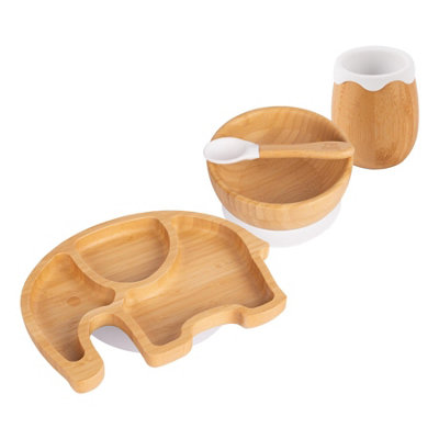 Tiny Dining - Elephant Bamboo Suction Baby Feeding Set - White - 4pc