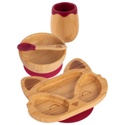 Tiny Dining - Fox Bamboo Suction Baby Feeding Set - Red - 4pc