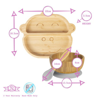 Tiny Dining - Monkey Bamboo Suction Baby Feeding Set - Grey - 4pc