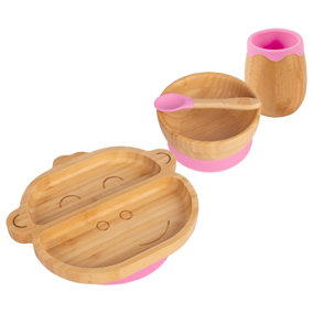 Tiny Dining - Monkey Bamboo Suction Baby Feeding Set - Pink - 4pc