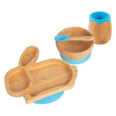 Tiny Dining - Rabbit Bamboo Suction Baby Feeding Set - Blue - 4pc