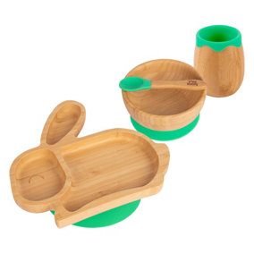 Tiny Dining - Rabbit Bamboo Suction Baby Feeding Set - Green - 4pc