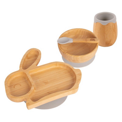 Tiny Dining - Rabbit Bamboo Suction Baby Feeding Set - Grey - 4pc