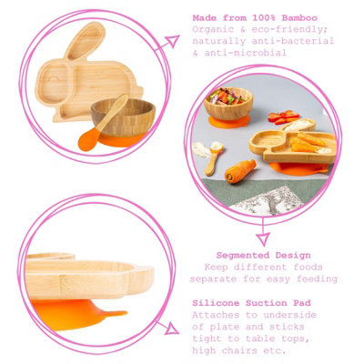 Tiny Dining - Rabbit Bamboo Suction Baby Feeding Set - Orange - 4pc