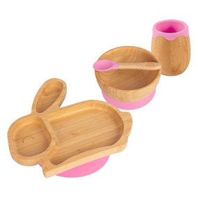 Tiny Dining - Rabbit Bamboo Suction Baby Feeding Set - Pink - 4pc