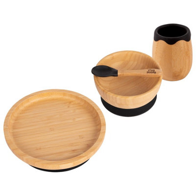 Tiny Dining - Round Bamboo Suction Baby Feeding Set - Black - 4pc