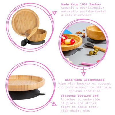 Tiny Dining - Round Bamboo Suction Baby Feeding Set - Black - 4pc