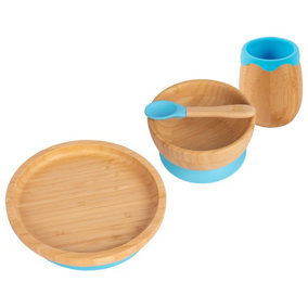 Tiny Dining - Round Bamboo Suction Baby Feeding Set - Blue - 4pc