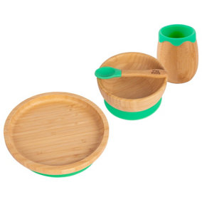 Tiny Dining - Round Bamboo Suction Baby Feeding Set - Green - 4pc