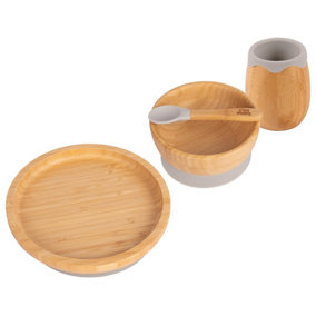 Tiny Dining - Round Bamboo Suction Baby Feeding Set - Grey - 4pc