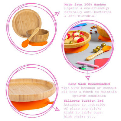 Tiny Dining - Round Bamboo Suction Baby Feeding Set - Orange - 4pc