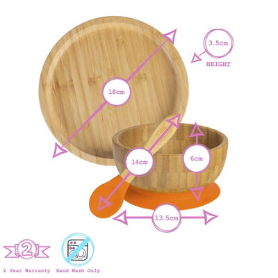 Tiny Dining - Round Bamboo Suction Baby Feeding Set - Orange - 4pc