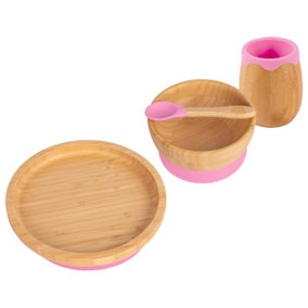 Tiny Dining - Round Bamboo Suction Baby Feeding Set - Pink - 4pc