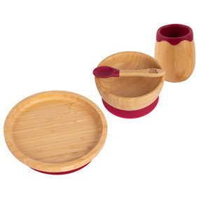 Tiny Dining - Round Bamboo Suction Baby Feeding Set - Red - 4pc