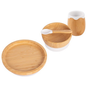 Tiny Dining - Round Bamboo Suction Baby Feeding Set - White - 4pc