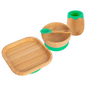 Tiny Dining - Square Bamboo Suction Baby Feeding Set - Green - 4pc