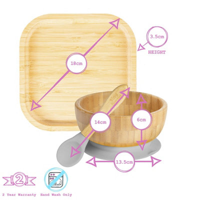 Tiny Dining - Square Bamboo Suction Baby Feeding Set - Grey - 4pc