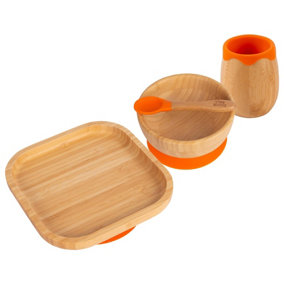 Tiny Dining - Square Bamboo Suction Baby Feeding Set - Orange - 4pc
