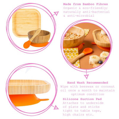 Tiny Dining - Square Bamboo Suction Baby Feeding Set - Orange - 4pc