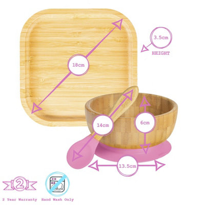 Tiny Dining - Square Bamboo Suction Baby Feeding Set - Pink - 4pc