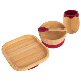 Tiny Dining - Square Bamboo Suction Baby Feeding Set - Red - 4pc