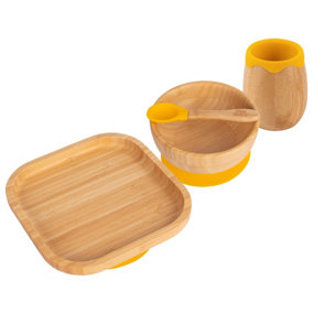 Tiny Dining - Square Bamboo Suction Baby Feeding Set - Yellow - 4pc
