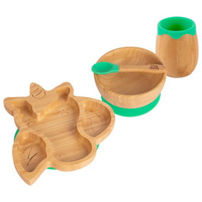 Tiny Dining - Unicorn Bamboo Suction Baby Feeding Set - Green - 4pc