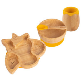 Tiny Dining - Unicorn Bamboo Suction Baby Feeding Set - Yellow  - 4pc