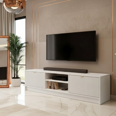 Tireno 2K TV Stand 180cm White Velvet Fluted Fronts Modern Media ...