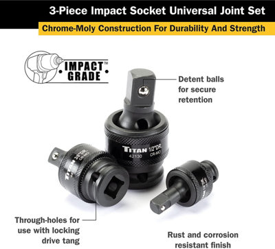 Titan 3Pc Impact Socket Universal Joint Set -Moly Construction For Durability