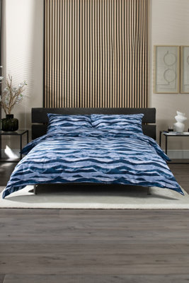 TLC Waves Blue Printed Percale 100% Cotton Duvet Bedding Cover Set