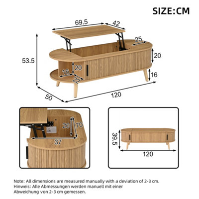 TM Lift Up Oval Coffee Table with Hidden Storage for Living Room
