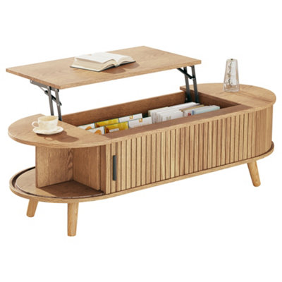 TM Lift Up Oval Coffee Table with Hidden Storage for Living Room