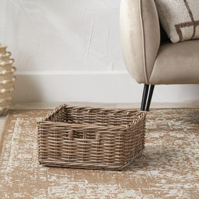 Tobs Grey Kubu Square Rattan Storage Basket with Inset Handles