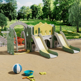Toddler Swing and 2 Slides Playset Green and Yellow 264cm W x 185cm D x 131cm H