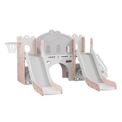Toddler Swing and Slide Playset Pink and Grey 221cm W x 185cm D x 106cm H