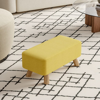 Tofu Shaped Yellow Linen Upholstered Footstool Footrest with Solid Wooden Legs W 570 x D 280 x H 257 mm