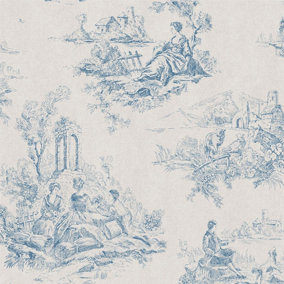 Toile De Jouy Wallpaper Blue Country Scene Traditional Vintage Classic