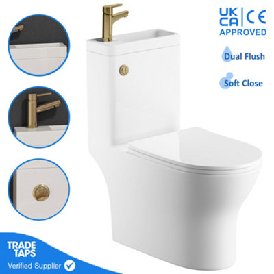 Toilet Basin Combo 2in1 Combined Sink Space Saving Cloakroom Round - Brass Tap