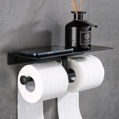 FORIOUS Double Post Pivoting Toilet Paper Holder – Matte Black, 304 Stainless Steel, Wall Mount Or Self-Adhesive
