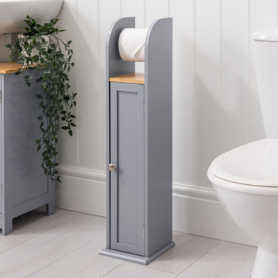 Toilet Roll Holder Cabinet Freestanding Grey Bamboo Wood Bathroom Unit Christow